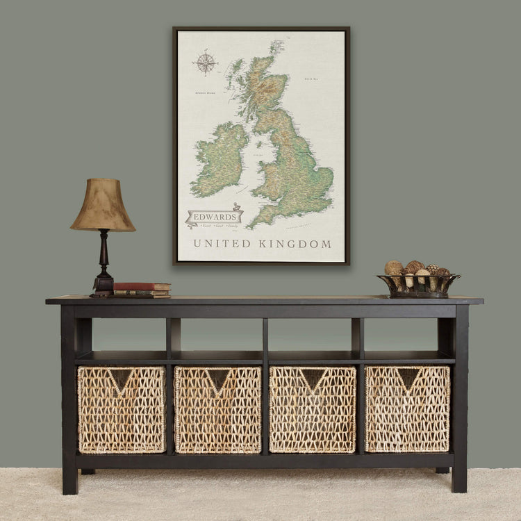 a table with baskets under a map of the united kingdom
