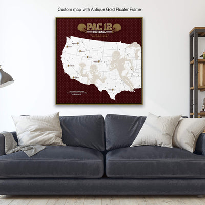 a large, custom map of the United States with football players depicted on it, mounted on a wall above a couch.