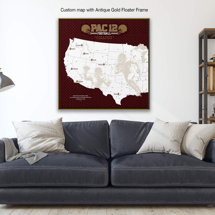 a large, custom map of the United States with football players depicted on it, mounted on a wall above a couch.