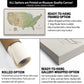 The image is a collage of three different options for a canvas print of a map of the United States. The first option is a rolled-up canvas, which is unstretched and ready to be hung. The second option is a Gallery-wrapped and framed option, which includes a deep push pin frame and a dense foam-like material to hold the pins in place. The third option is a ready-to-hang framed option, which includes a deep push pin frame and a dense foam-like material to hold the pins in place.