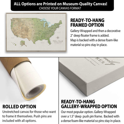 The image is a collage of three different options for a canvas print of a map of the United States. The first option is a rolled-up canvas, which is unstretched and ready to be hung. The second option is a Gallery-wrapped and framed option, which includes a deep push pin frame and a dense foam-like material to hold the pins in place. The third option is a ready-to-hang framed option, which includes a deep push pin frame and a dense foam-like material to hold the pins in place.