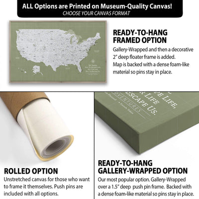 The image is a collage of three different options for a canvas print of a map of the United States. The first option is a rolled-up canvas, the second option is a Gallery-wrapped option with a deep push pin frame, and the third option is a ready-to-hang framed option with a dense foam-like material for the pins to stay in place.