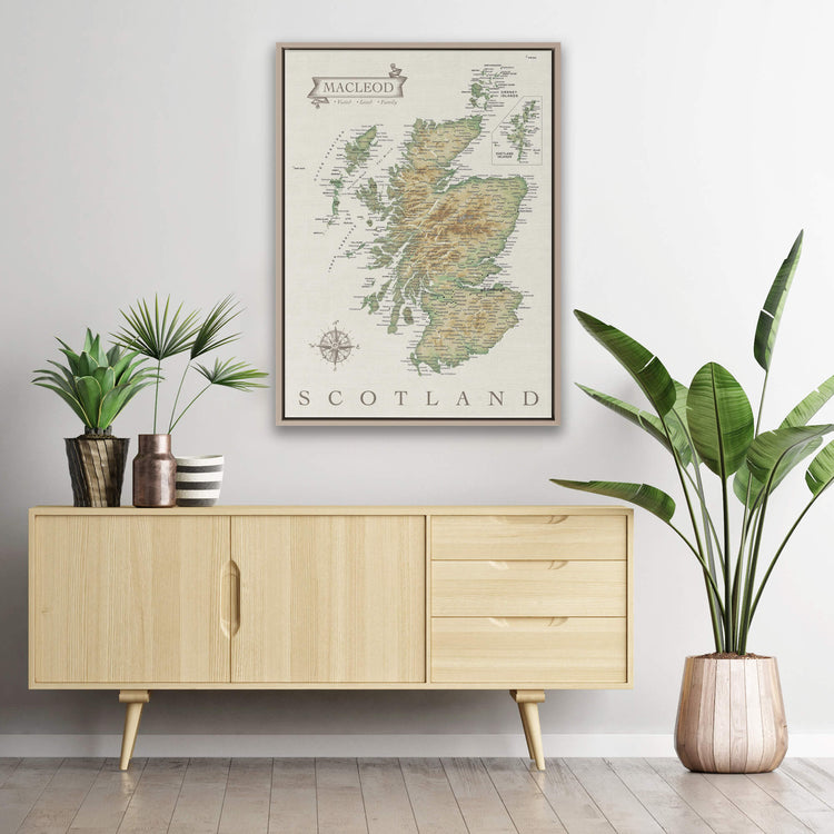 a wooden cabinet with a map of Scotland hanging on the wall above it, along with some potted plants and decorative items on the cabinet.