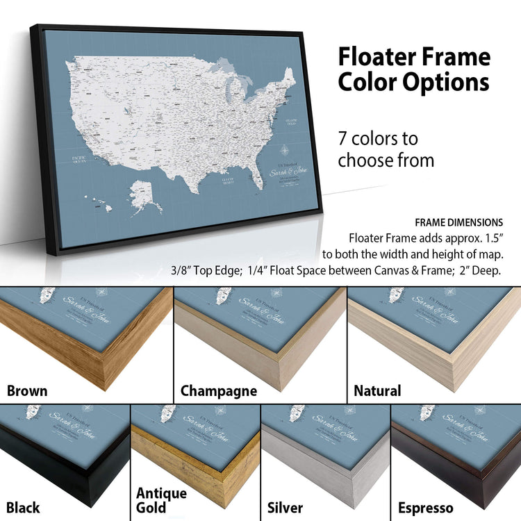 The image is a collage of different colored frames surrounding a map of the United States. The frames come in various colors, including brown, champagne, natural, antique, gold, silver, and espresso. The map of the United States is displayed on a blue background, and the text above the image provides information about the frame color options and the dimensions of the frame.