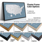The image is a collage of different colored frames surrounding a map of the United States. The frames come in various colors, including brown, champagne, natural, antique, gold, silver, and espresso. The map of the United States is displayed on a blue background, and the text above the image provides information about the frame color options and the dimensions of the frame.