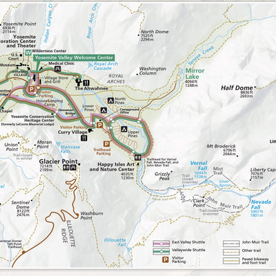 The image is a detailed trail map of Yosemite National Park, highlighting various points of interest such as the Yosemite Valley Welcome Center, the Mirror Lake Column, Half Dome, and the Glacier Point. The map also includes information about the trailhead for the John Muir Trail and the Valley Wide Shuttle.