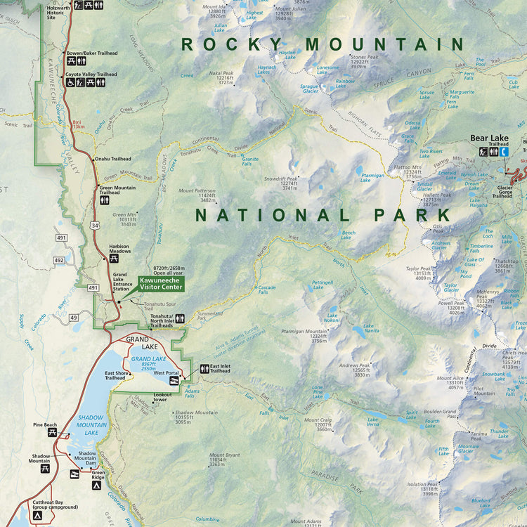 The image is a detailed map of Rocky Mountain National Park, highlighting various trails, landmarks, and points of interest.