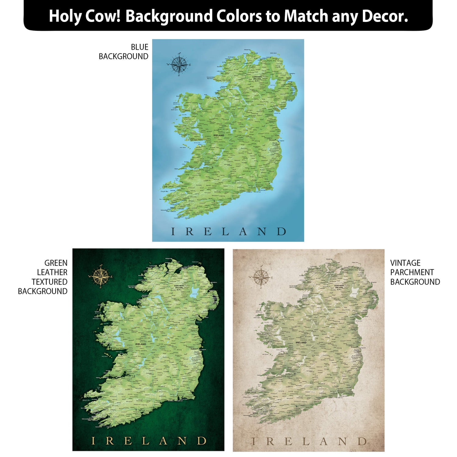 three different background colors that can be used to match any decor, including a blue background, a green background, and a vintage background.