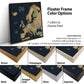 The image is a collage of different colored frames surrounding a map of Europe. The frames come in various colors, including brown, champagne, natural, antique, gold, silver, and espresso. The text above the image provides information about the frame color options, stating that there are seven colors to choose from and that the frame adds approximately 1.5" to both the width and height of the map.