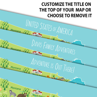 The image is a collage of four different maps, each with a title that includes the words "United States of America", "Davis Family Adventures", "Adventure is Out There!", and "Montana".