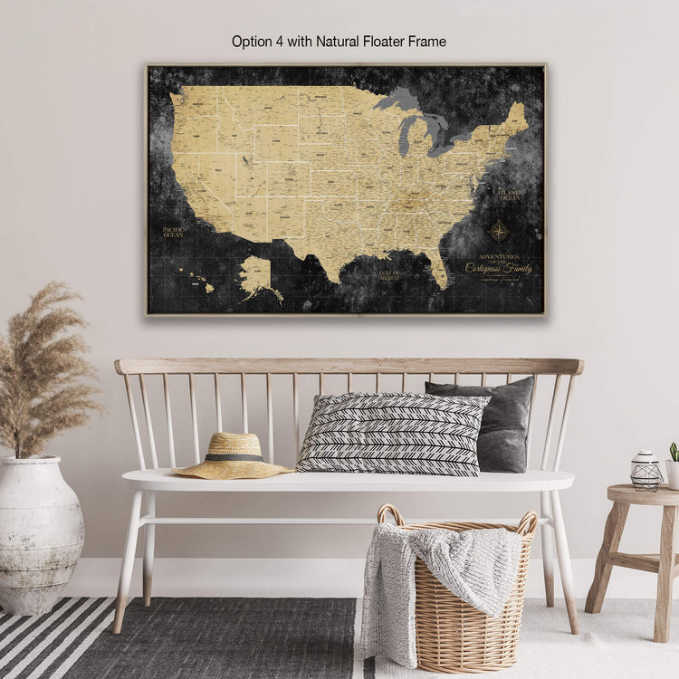 a map of the united states on a wall above a bench