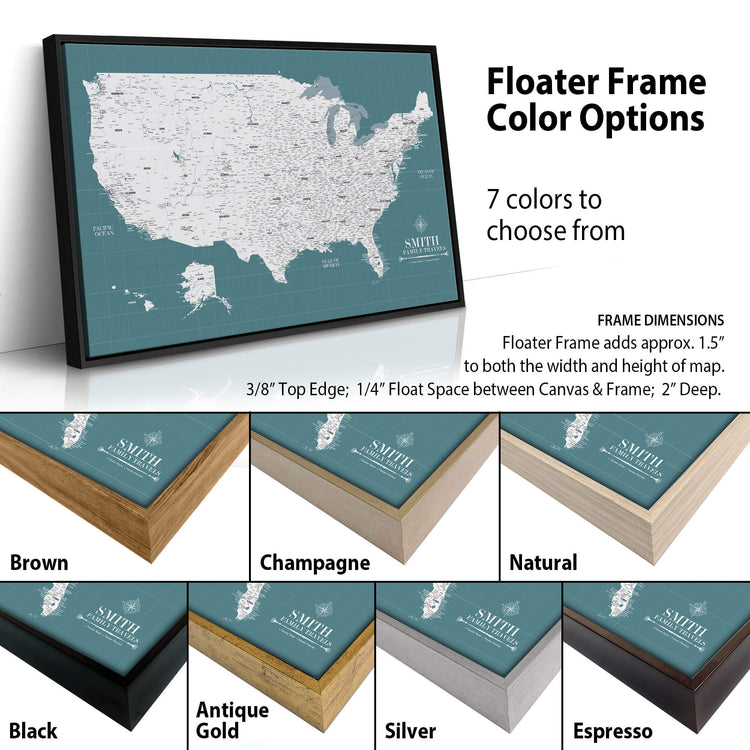 The image is a collage of different colored frames surrounding a map of the United States. The frames come in various colors, including brown, champagne, natural, antique gold, black, and silver, as well as an espresso frame. The map of the United States is displayed on a black background, and the text provides information about the frame options and dimensions of the map.