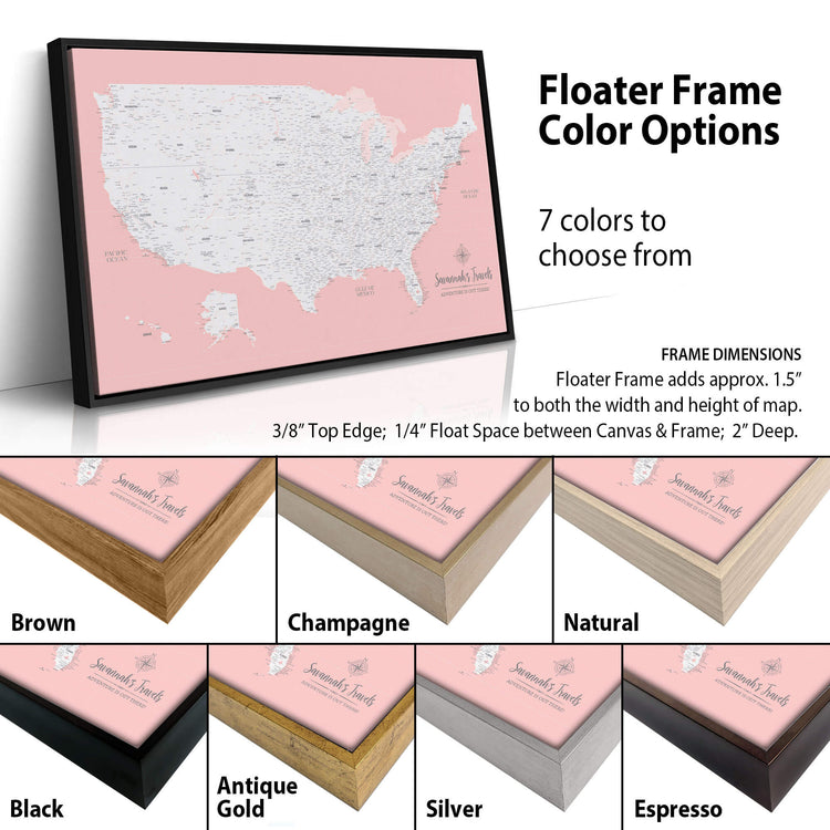 The image is a collage of different colored frames for a map of the United States, with a focus on the pink frame.