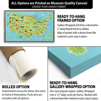 The image is a collage of three different options for a framed map of the United States. The first option is a ready-to-hang framed option, which includes a gallery-wrapped and then a decorative 2" deep floater frame. The second option is a rolled option, where the canvas is unrolled and pushed into a frame. The third option is a gallery-wrapped option, which includes a gallery-wrapped and then a dense foam-like material that holds the canvas in place.