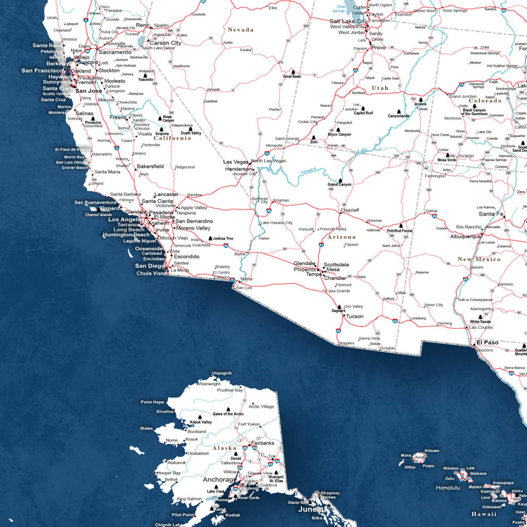 The image is a detailed map of the United States, showing the major cities, roads, and geographical features.