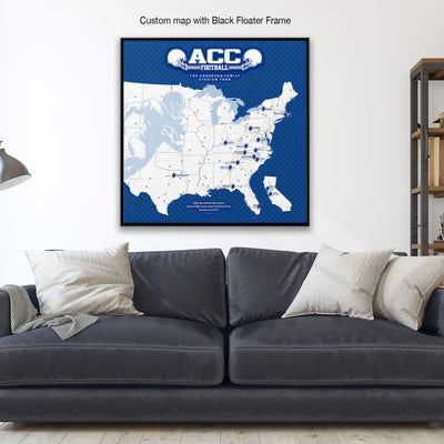 A custom map with a black floating frame displaying the locations of various sports teams, including the American Football Conference (AFC) and the College Football Conference (CFC).