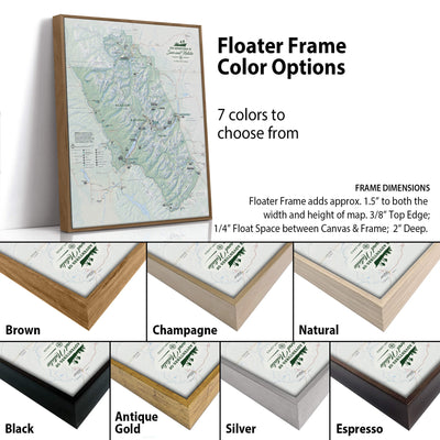 a variety of different colored floating frame options for a map, with the frame dimensions provided.