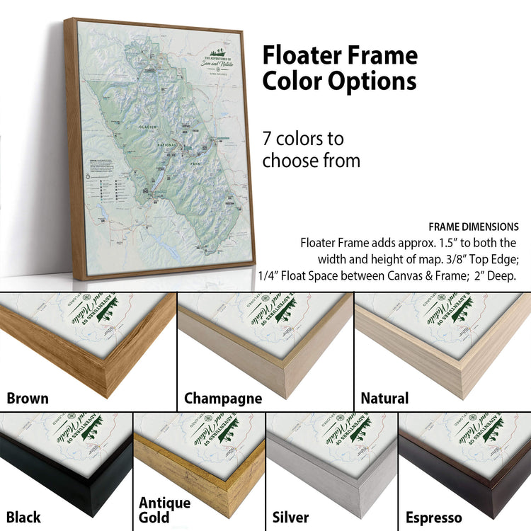 a variety of different colored floating frame options for a map, with the frame dimensions provided.