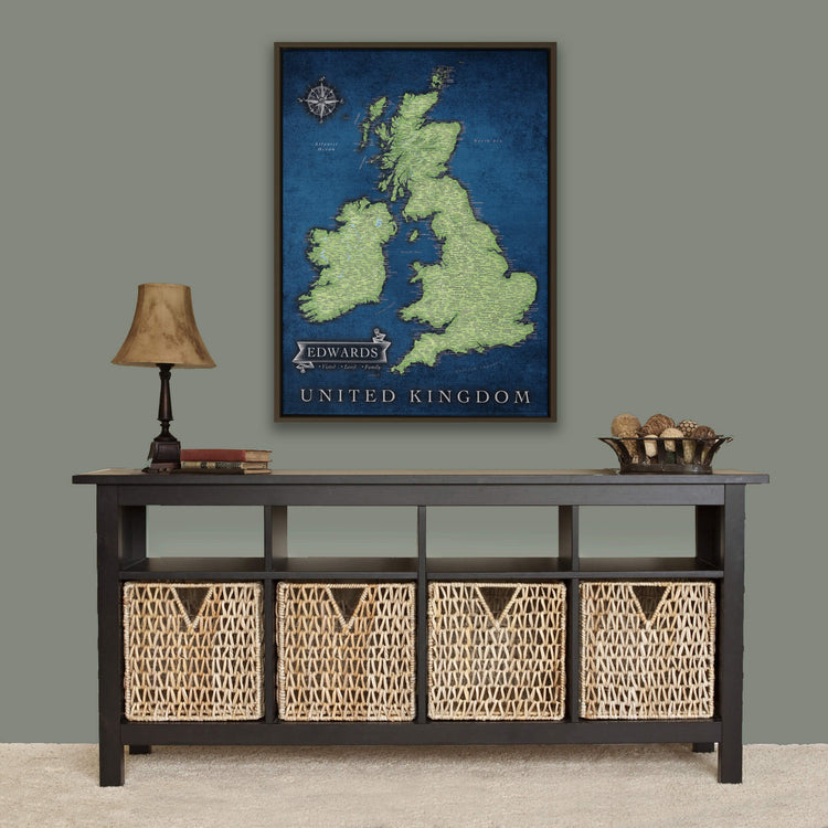 a map of the united kingdom with wicker baskets underneath it