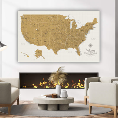 a living room with a fire place and a map on the wall