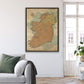 a living room with a couch and a large map on the wall