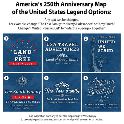 The image is a collage of six different map designs, each representing a different legend option for the United States. The maps feature various symbols and text to represent different aspects of the country, such as the land, the Smith family, and the legend options. The text on the maps can be changed to customize the design and represent different themes or ideas related to the United States.