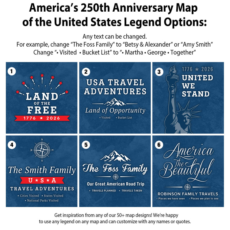 The image is a collage of six different map designs, each representing a different legend option for the United States. The maps feature various symbols and text to represent different aspects of the country, such as the land, the Smith family, and the legend options. The text on the maps can be changed to customize the design and represent different themes or ideas related to the United States.