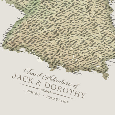 The image is a map titled "Travel Adventures of JACK & DOROTHY" with a bucket list theme, featuring a list of places that the person has visited.