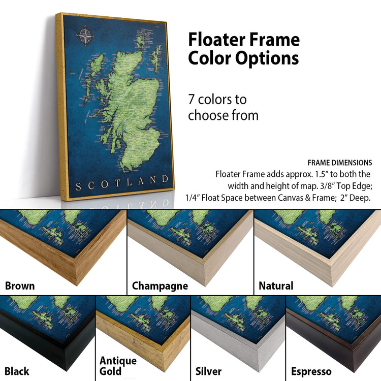 The image is a collage of different colored frames for a map of Scotland, with a focus on the frame color options.