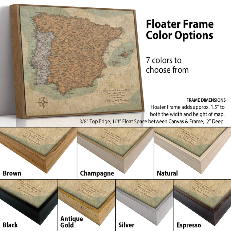 The image is a collage of different colored frames surrounding a map of Spain. The frames come in various colors, including brown, champagne, natural, antique gold, black, silver, and espresso. The frames are described as having different frame dimensions, such as 3/8" to 2" deep. The image also includes a description of the floating frame, which adds approximately 1.5" to both the width and height of the map.