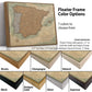 The image is a collage of different colored frames surrounding a map of Spain. The frames come in various colors, including brown, champagne, natural, antique gold, black, silver, and espresso. The frames are described as having different frame dimensions, such as 3/8" to 2" deep. The image also includes a description of the floating frame, which adds approximately 1.5" to both the width and height of the map.