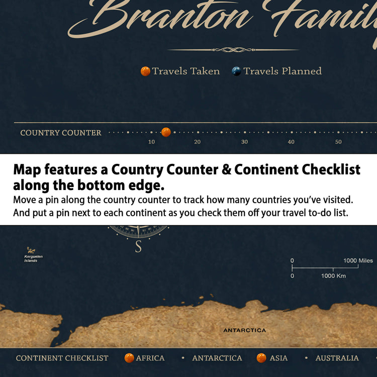 The image is a map that features a Country Counter & Continental Checklist along the bottom edge. It includes a compass rose and a scale, and it allows users to move a pin along the country counter to track how many countries they&