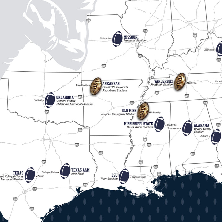 The image is a map of the United States, highlighting the locations of various football stadiums and teams.