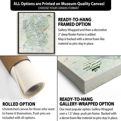 The image is a collage of three different canvas options for a map, each with its own unique features and benefits. The first option is a rolled canvas, which is unstretched and ready to be hung. The second option is a gallery-wrapped option, which is a deep-frame canvas with a decorative 2" frame. The third option is a ready-to-hang gallery-wrapped option, which is a deep-frame canvas with a decorative frame and a dense foam-like material to hold the pins in place.