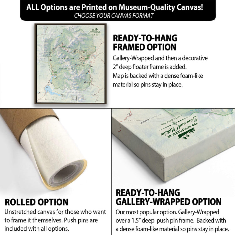 The image is a collage of three different canvas options for a map, each with its own unique features and benefits. The first option is a rolled canvas, which is unstretched and ready to be hung. The second option is a gallery-wrapped option, which is a deep-frame canvas with a decorative 2" frame. The third option is a ready-to-hang gallery-wrapped option, which is a deep-frame canvas with a decorative frame and a dense foam-like material to hold the pins in place.