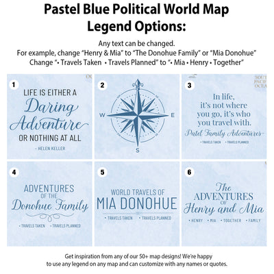 six different map designs, each with a unique title and description. The titles include "Life is either a daring adventure or nothing at all", "ADVENTURES OF THE DONOHUE FAMILY", "The adventures of Henry and Mia", "In life, it&