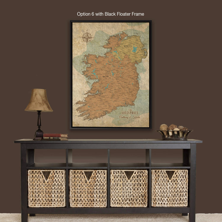 a table with baskets under a map on the wall