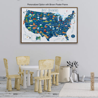 a large, colorful map of the United States with various landmarks and locations marked, displayed on a wall above a table with chairs.