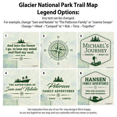 six different trail map designs, each with unique features and names, such as "Sam and Natalie", "The Patterson Family", "Michael&