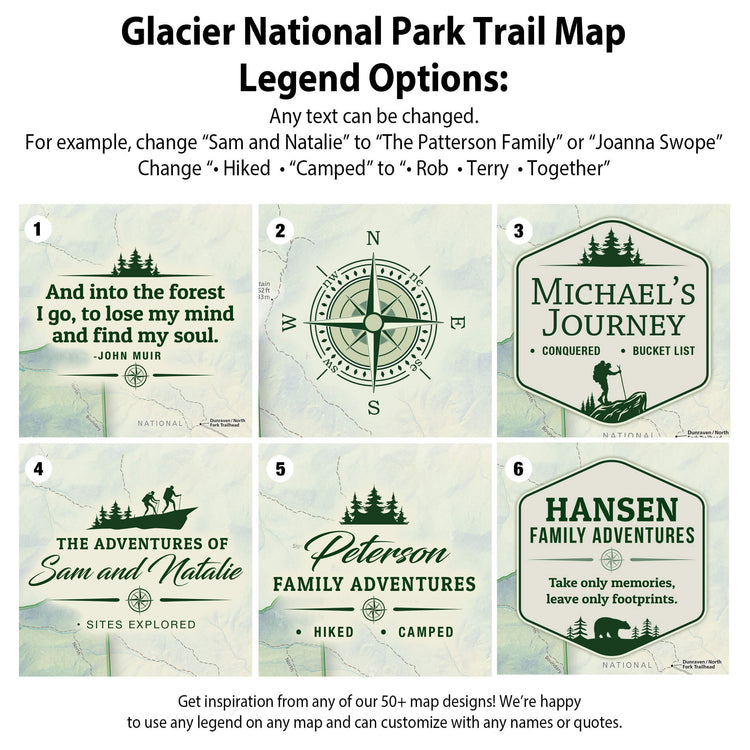 six different trail map designs, each with unique features and names, such as "Sam and Natalie", "The Patterson Family", "Michael&