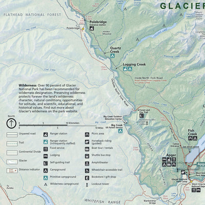 The image is a detailed map of Glacier National Park, showing various trails, campsites, and landmarks within the park.