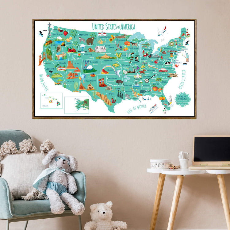 a large, colorful map of the United States and some illustrations of various landmarks and locations, hanging on a wall above a chair with a stuffed animal on it.