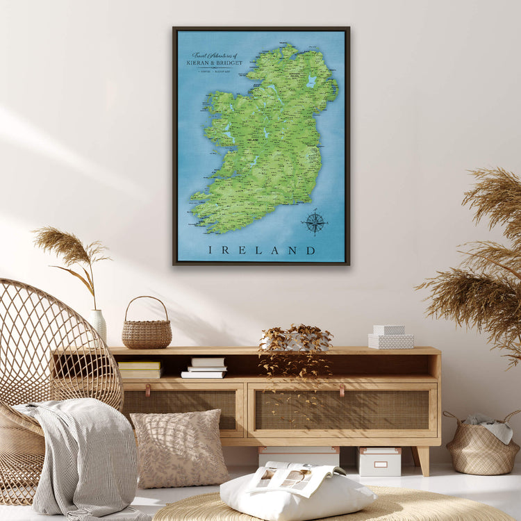 a framed map of ireland in a living room