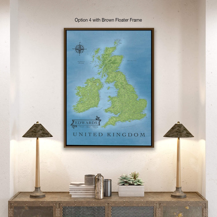 a map of the united kingdom hangs on a wall