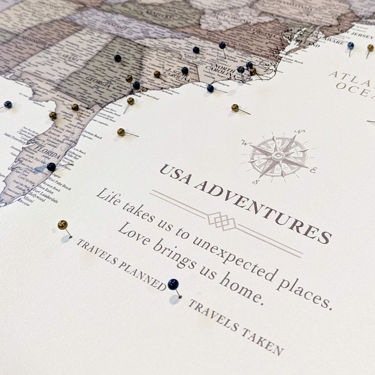 a close up of a map with pins on it