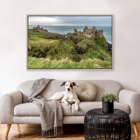 a dog sitting on a couch in a living room