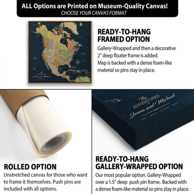 The image is a collage of three different options for a canvas print, each with its own description and features.