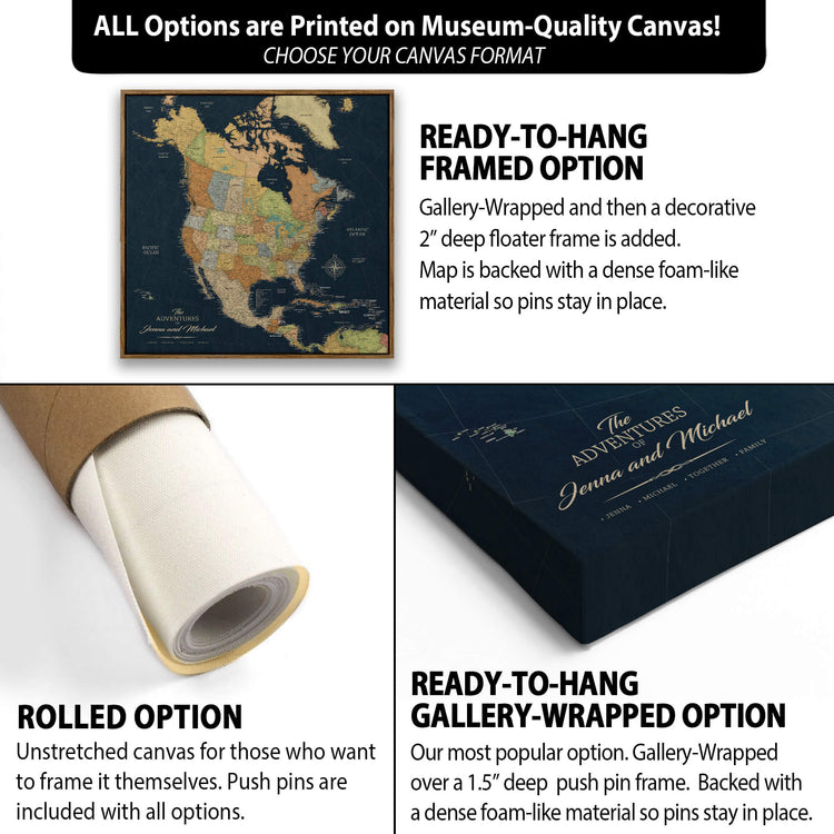The image is a collage of three different options for a canvas print, each with its own description and features.