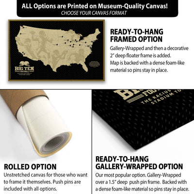 The image is a collage of three different options for a canvas print of a map of the United States. The first option is a ready-to-hang framed option, the second option is a rolled option, and the third option is a gallery-wrapped option. Each option has its own unique features and benefits, such as the ability to frame the canvas yourself, the option to include push pins, and the choice of a dense foam-like material for the pins.