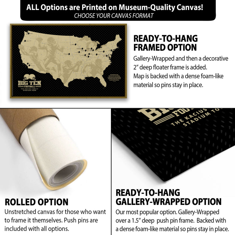 The image is a collage of three different options for a canvas print of a map of the United States. The first option is a ready-to-hang framed option, the second option is a rolled option, and the third option is a gallery-wrapped option. Each option has its own unique features and benefits, such as the ability to frame the canvas yourself, the option to include push pins, and the choice of a dense foam-like material for the pins.
